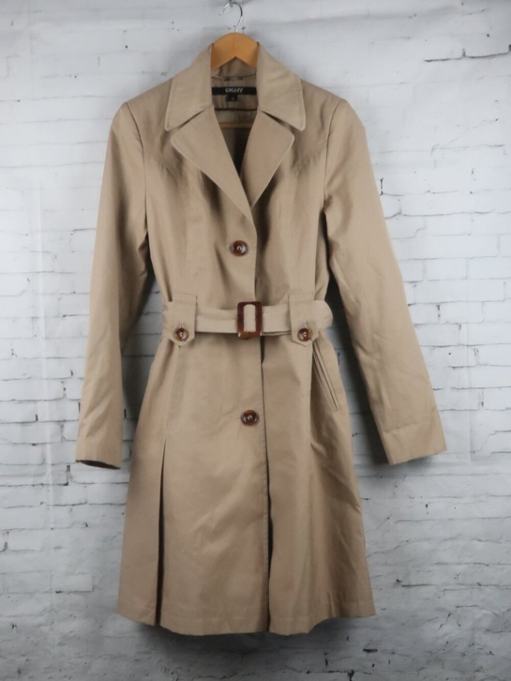 DKNY TAN/CAMEL SINGLE BREASTED BELTED TRENCH RAIN COAT WITH POCKETS SIZE SMALL